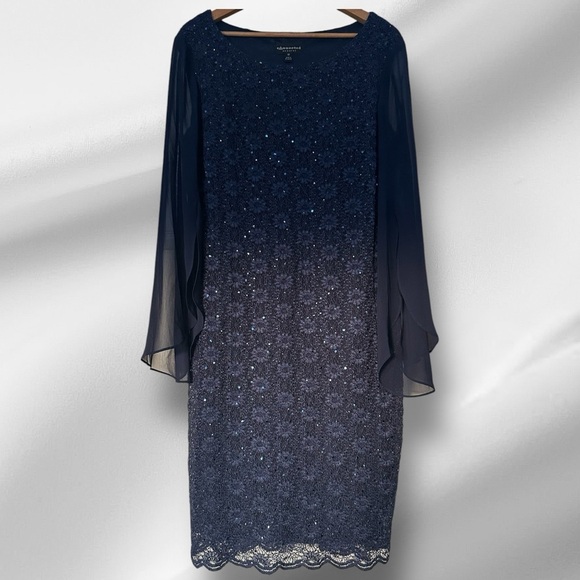 Connected Apparel, Classy and Elegant Navy Sequin Lace Dress with Sheer Sleeves - Picture 2 of 7